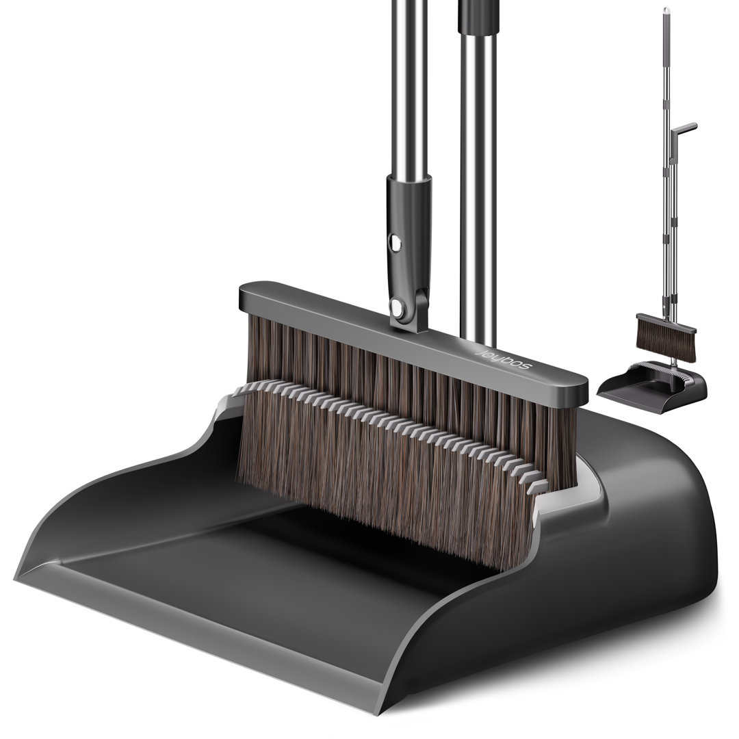 JOYBOS Broom and Dustpan Set, Extra Brush Head & 51.6" Adjustable Long Handle Standing Dustpan Set, with Comb Teeth for Removing Pet Hair